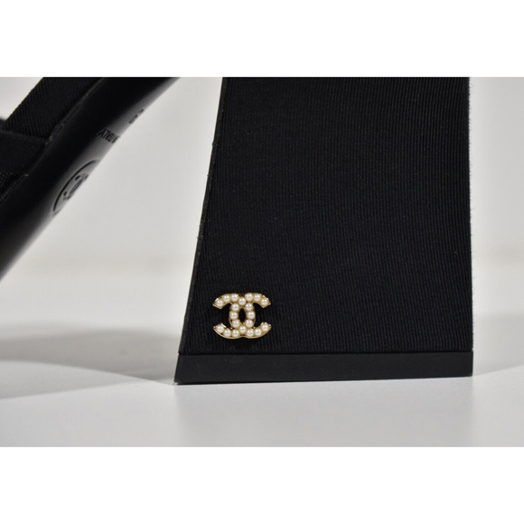 Chanel 22A Black Mesh Pearl CC Logo Block Heel Backless Mule Sandal Pump 40.5 - Picture 8 of 12